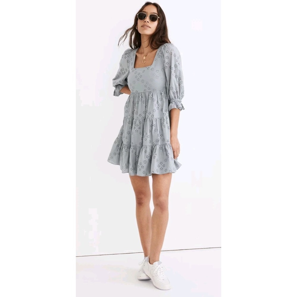 Madewell Lizzie Eyelet Babydoll Mini Dress Size 6 Blue Cottagecore Girly